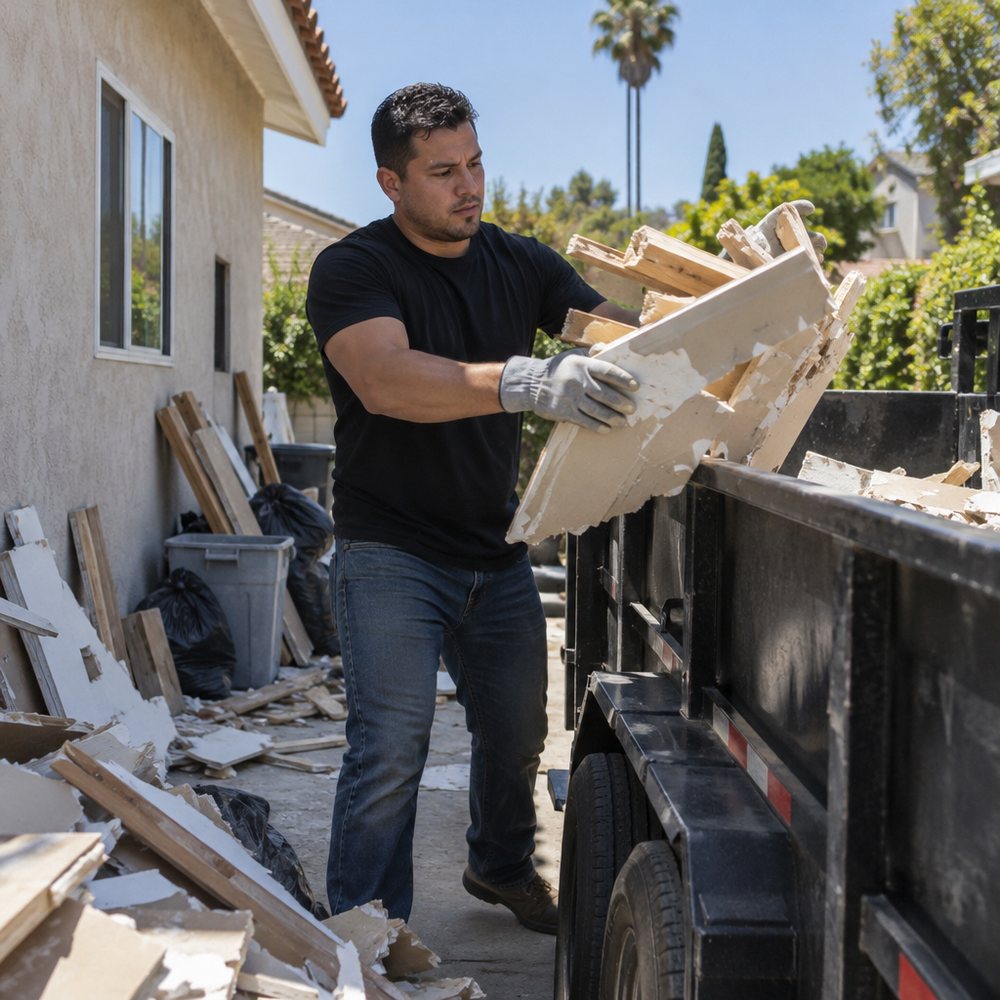 Worker tossing drywall and scrap lumber from a remodel into a dump trailer