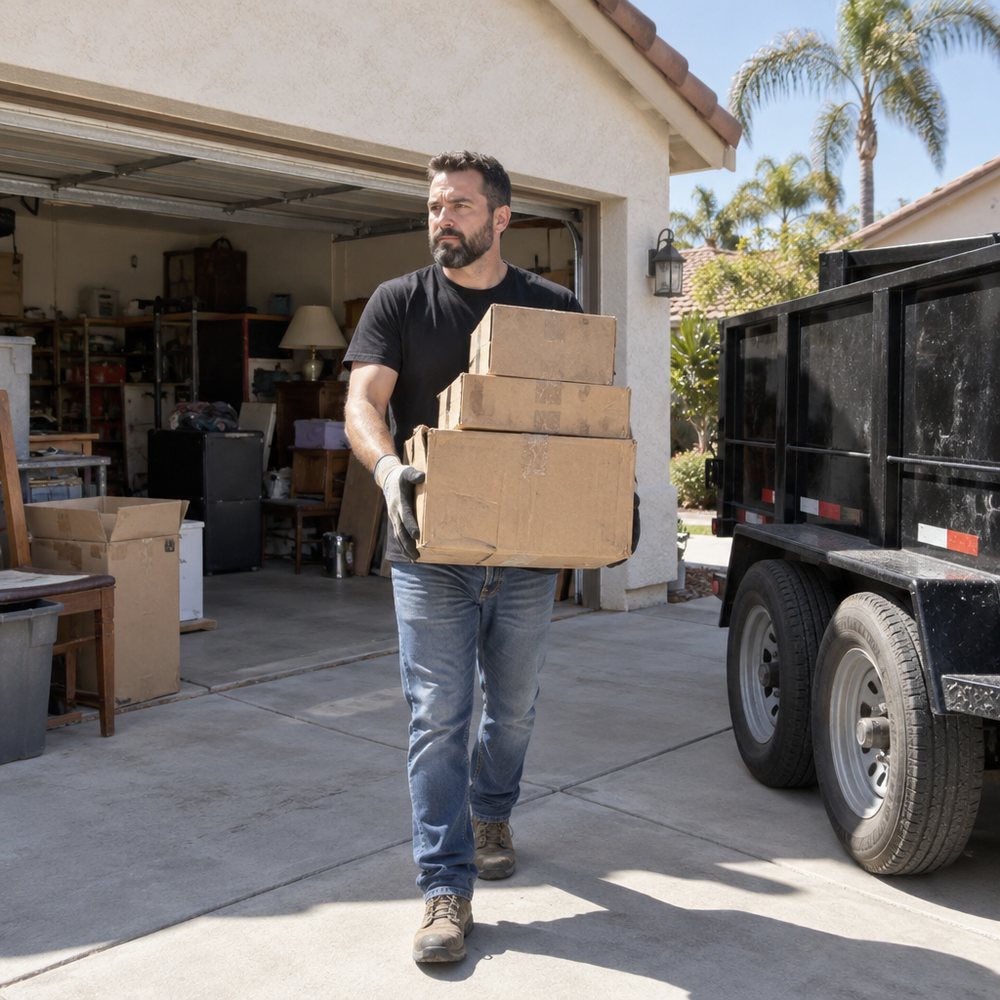 Junk removal worker carrying boxes out of a cluttered garage to a dump trailer