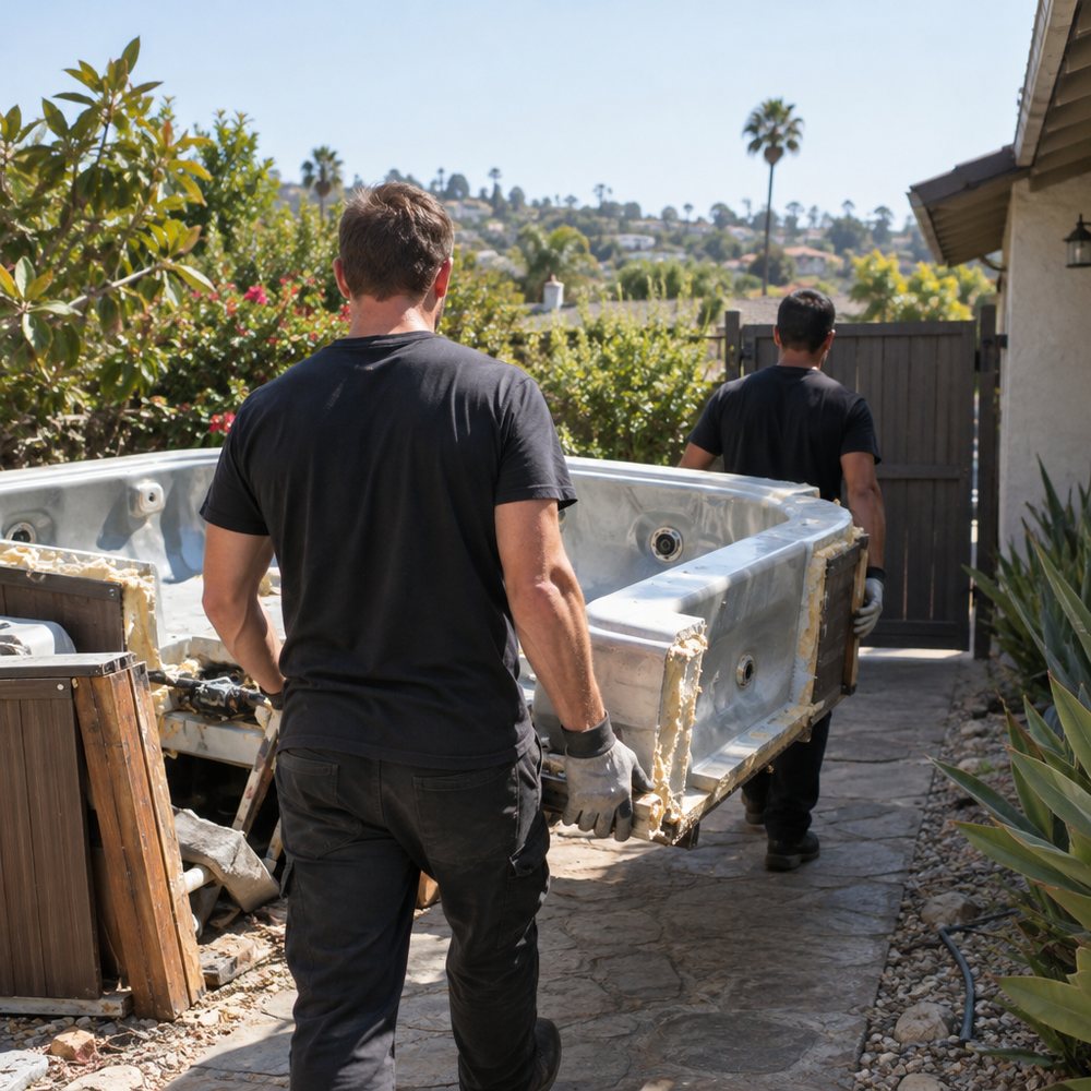 Two workers carrying a cut-up hot tub through a backyard