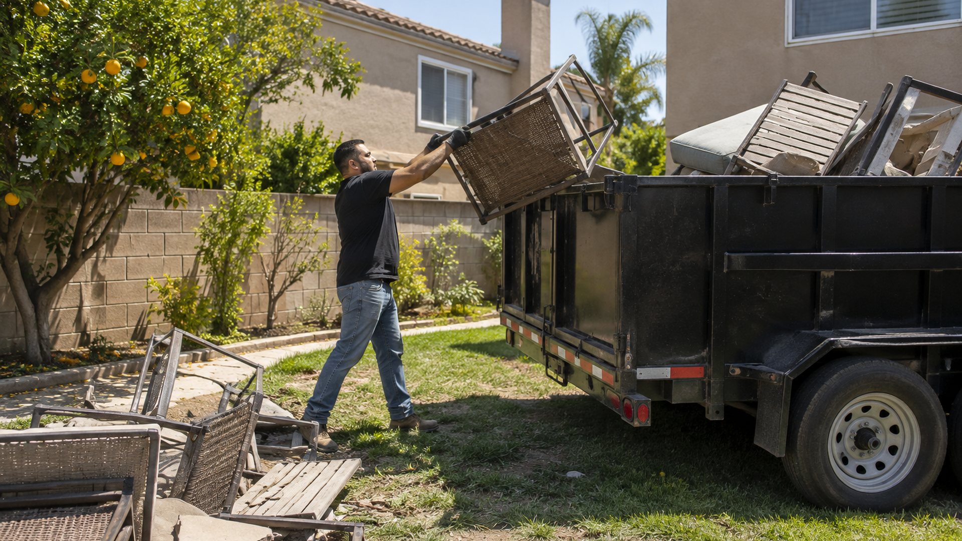 Worker throwing broken patio furniture into a dump trailer in an Anaheim backyard