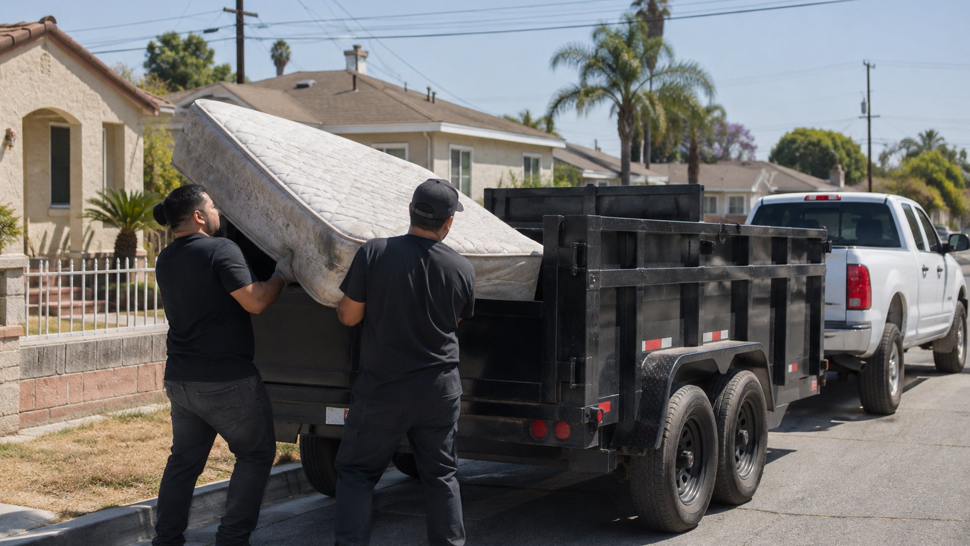 Two workers loading an old mattress into a dump trailer in Pico Rivera