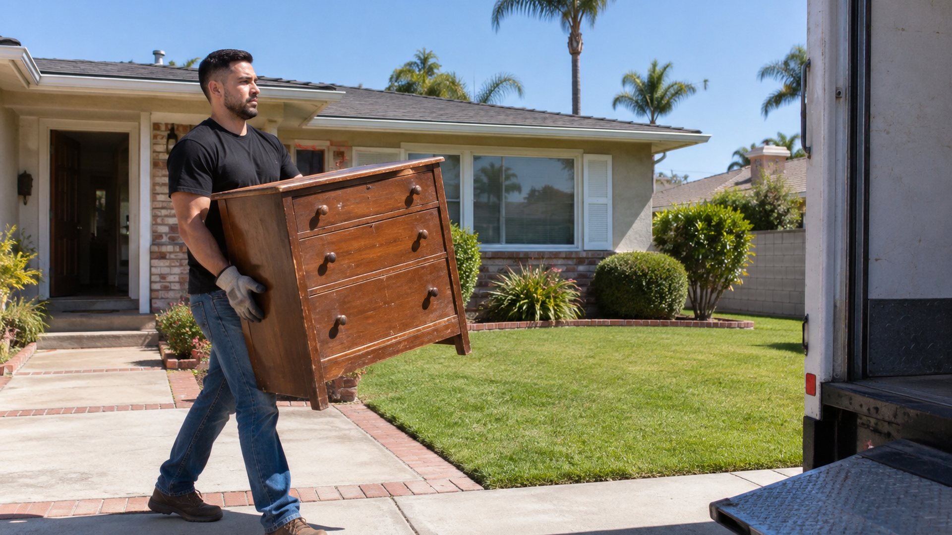 Worker carrying an old wooden dresser from a Torrance home